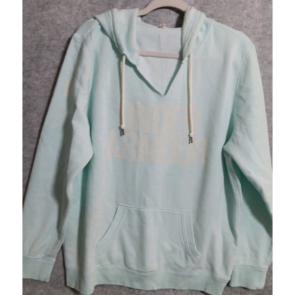 Women's Under Armour L Fleece Warm Big Logo Hoodie Light Blue Teal Comfort EUC